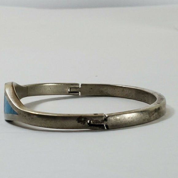 SOLD Sterling Silver Turquoise Inlaid Bracelet - Picture 3 of 12